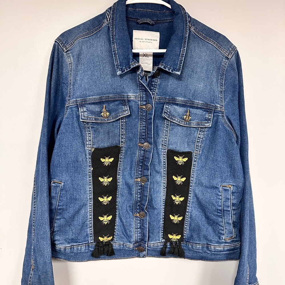 One-Of-A-Kind Busy Bees  Upcycled Denim Jacket, Women's Extra Large